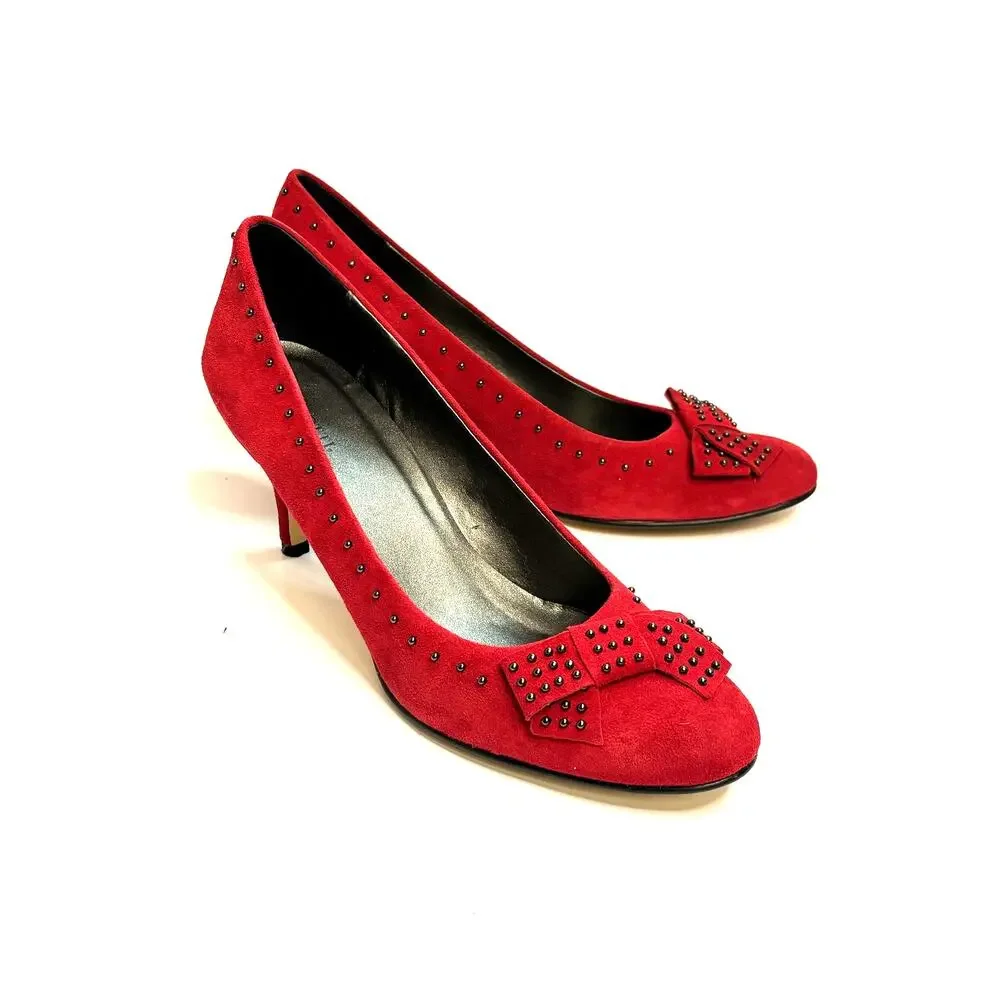 Vigotti Ursella Red Suede Heels Studded Bow Kitten Heel 10N